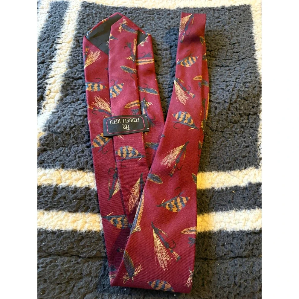 Ferrell Reed Mens Silk Tie Burgundy Red Fly Fishing Lures Feathers Made in USA